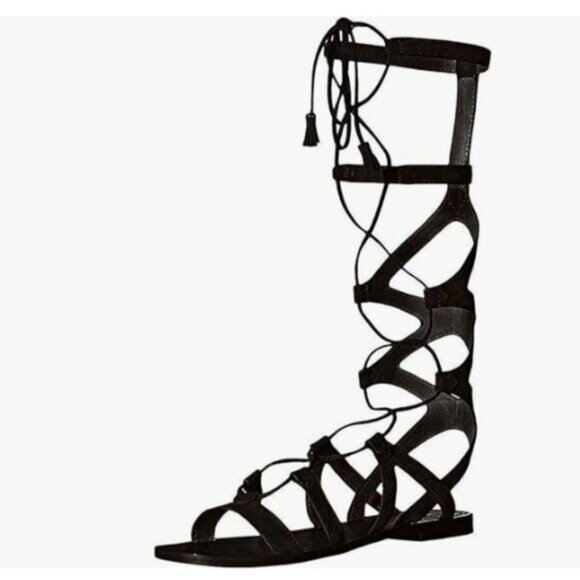 YDN Black Knee High Lace up Flats Fringe Low Heel Gladiator Strap Sandals Shoe - Picture 1 of 8